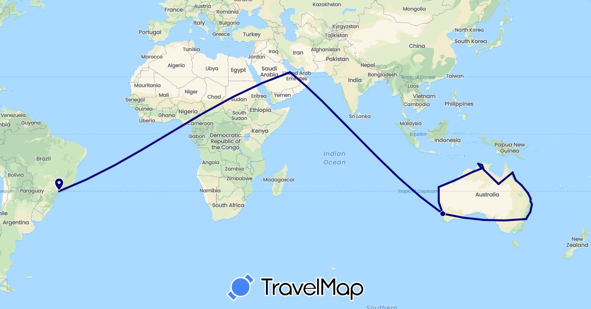 TravelMap itinerary: driving in Australia, Brazil, Qatar (Asia, Oceania, South America)